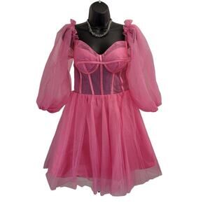 NWT Short Pink Sparkle Dress with Sheer Bodice and Corset Back Long Puffy Sleeve